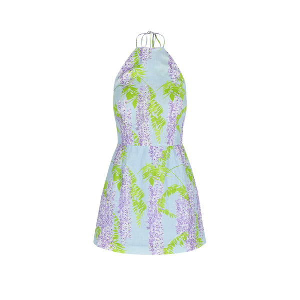 Mini Dress Delilah Printed Linen in Wisteria Small Purple on Blue