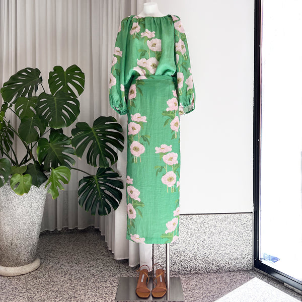 Norma Skirt in Linen Big Peonies Green