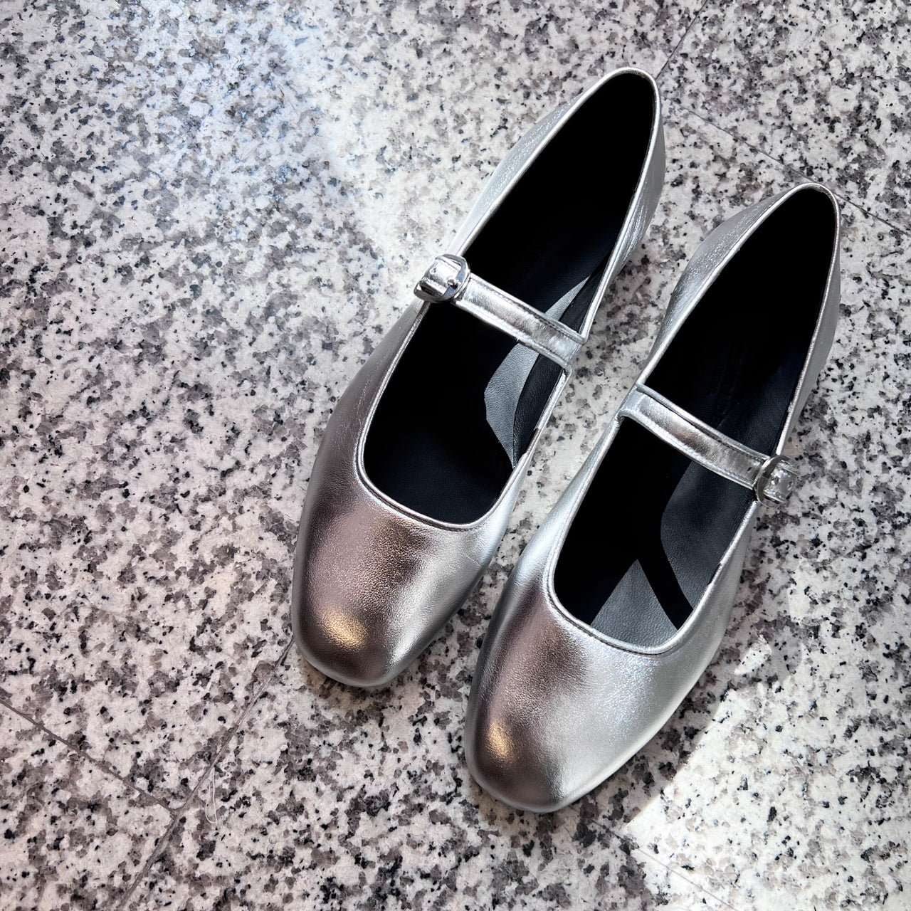 Mary Jane Flats in Silver Leather