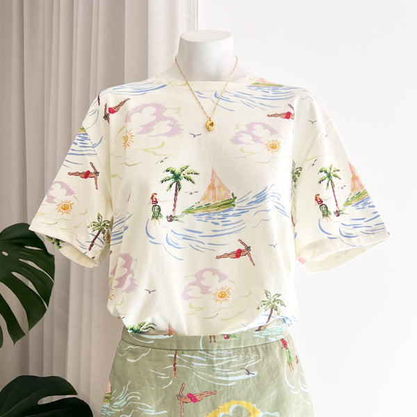 Rhys T-Shirt Beach Print Ivory