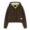 A dark brown cropped zip-up hoodie with a light yellow-green fleece lining, featuring a front zipper, ribbed cuffs and hem, and a small brand patch on the lower left sleeve.