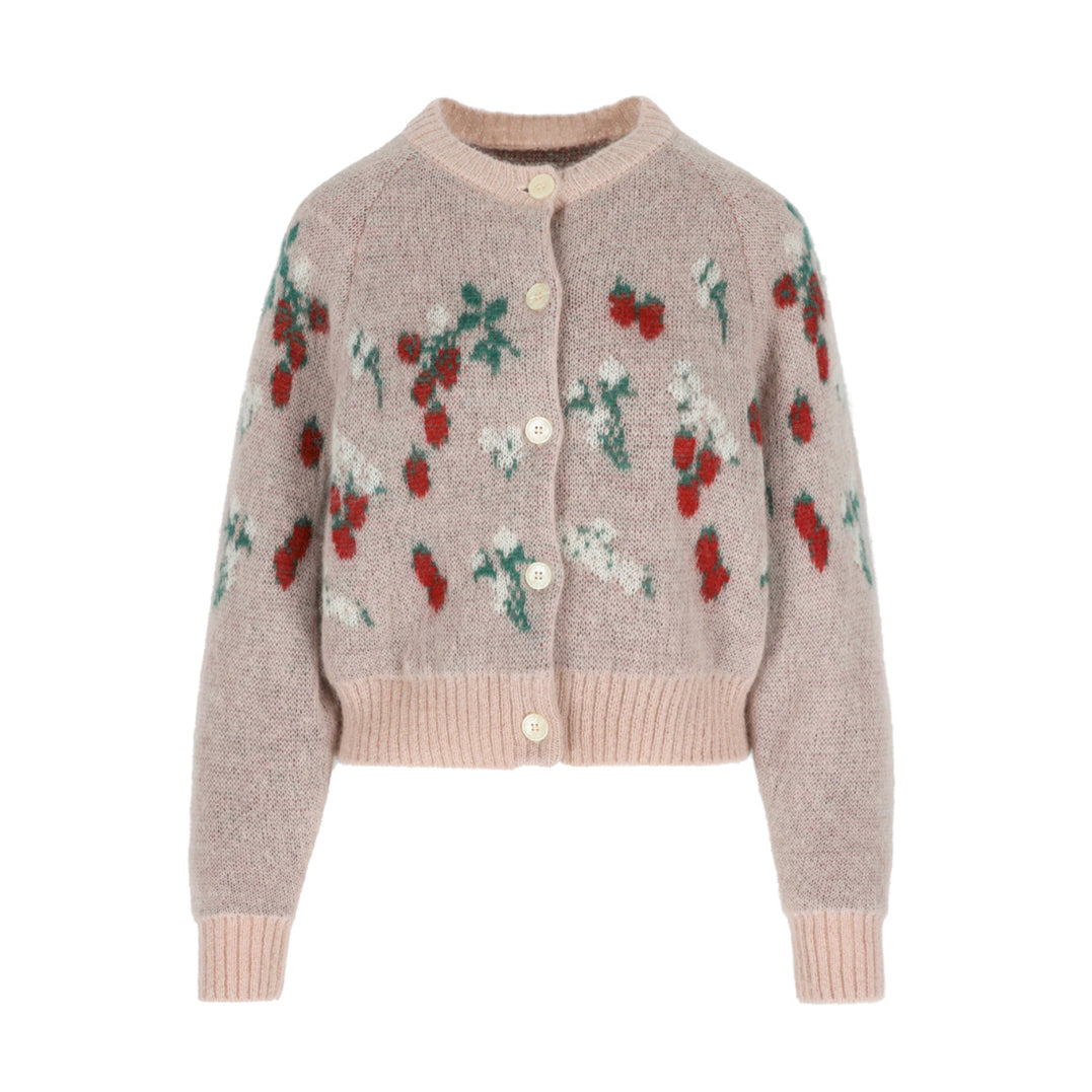 Amelia Cardigan in Red Berries Intarsia on Pink