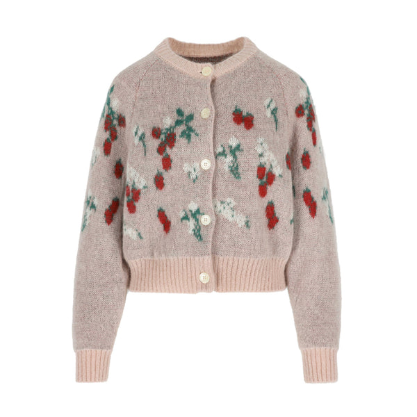 Amelia Cardigan in Red Berries Intarsia on Pink
