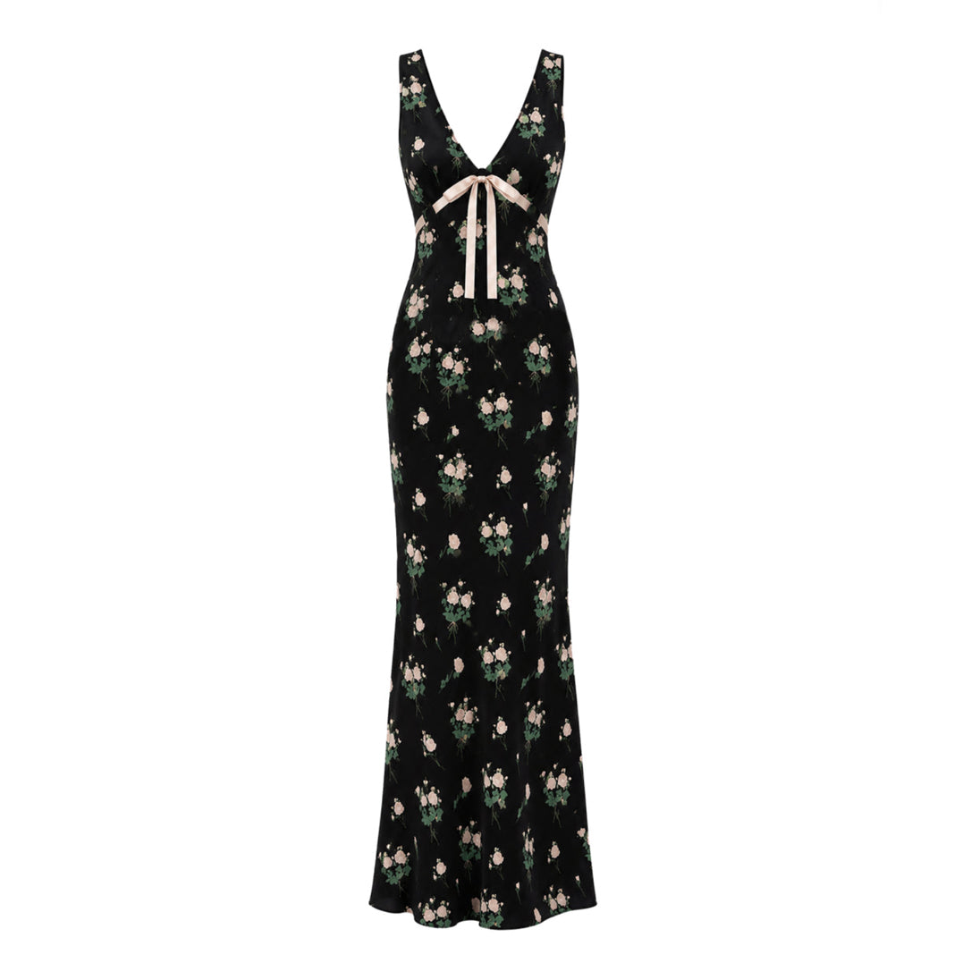 Camille Silk Dress in Lingerie Roses Pink on Black
