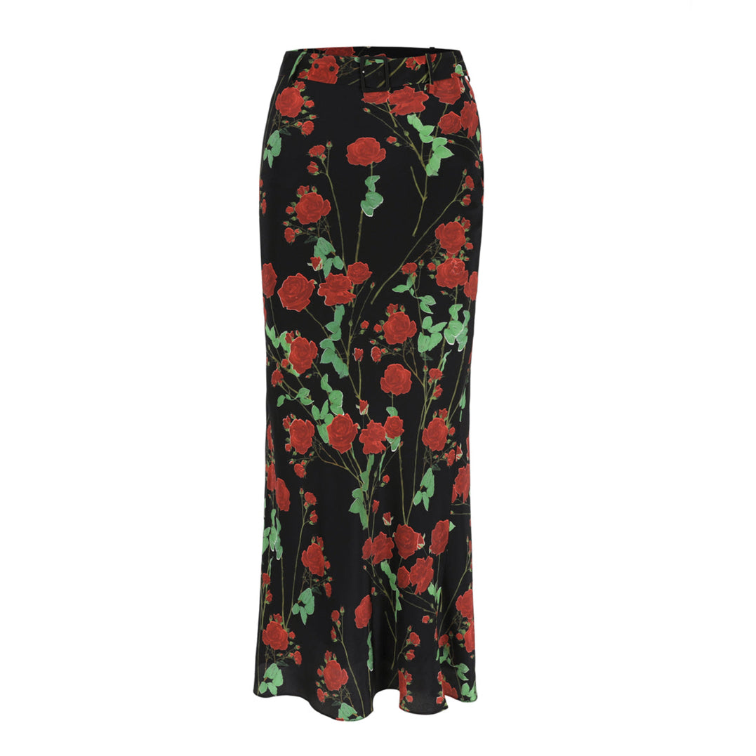 Chuck Long Skirt in Rosebranches Red on Black