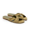 Pair of green suede flat sandals with knotted design on a white background