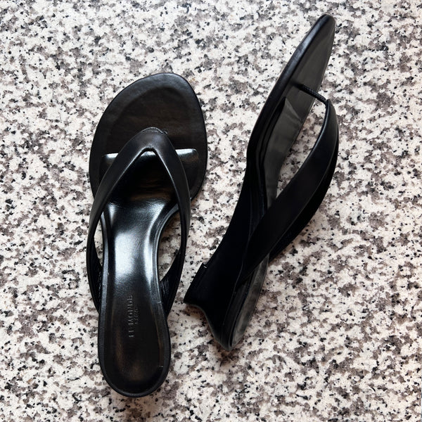 Micro Wedge Thong Sandal in Black Leather