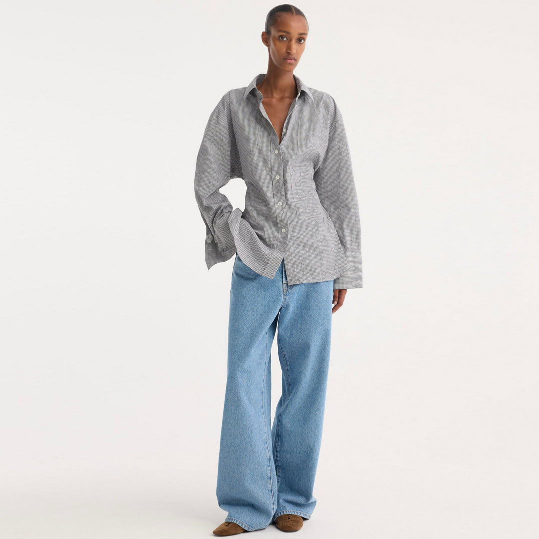 Crushed Checked Shaped Shirt in Mini Grey Check