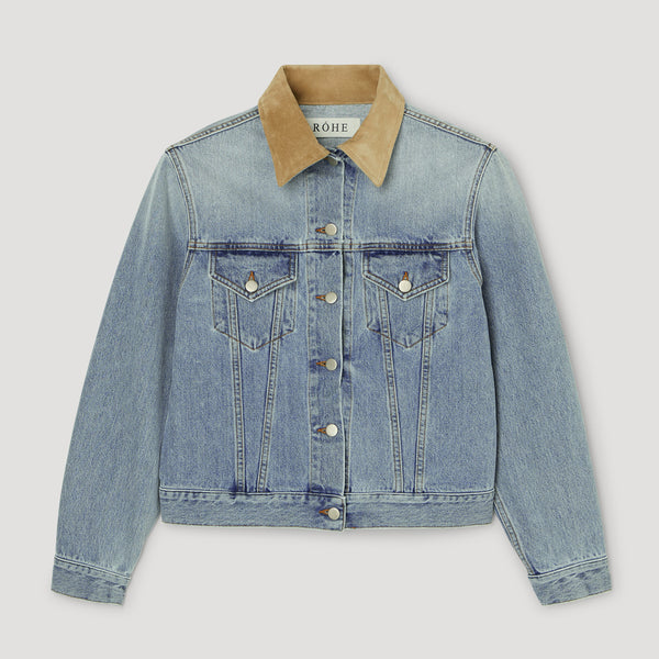 Suede Collar Fitted Denim Jacket in Classic Blue