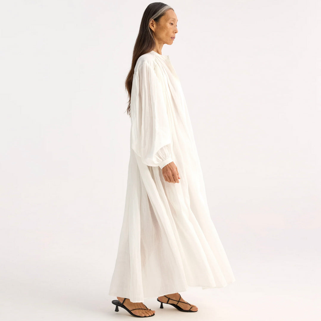 Pleated Ramie Dress in Optic White