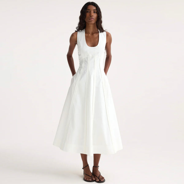 Sculptural Waisted Poplin Dress in Optic White