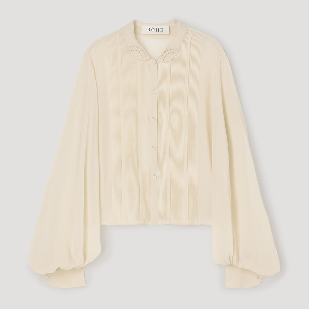 Pleated Silk Sheer Blouse in Cream