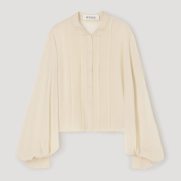 Pleated Silk Sheer Blouse in Cream