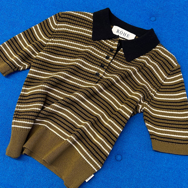 Striped Knitted Polo in Multi Olive Stripe