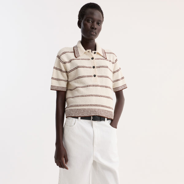 Towelling Striped Polo in Cream and Brown Stripe