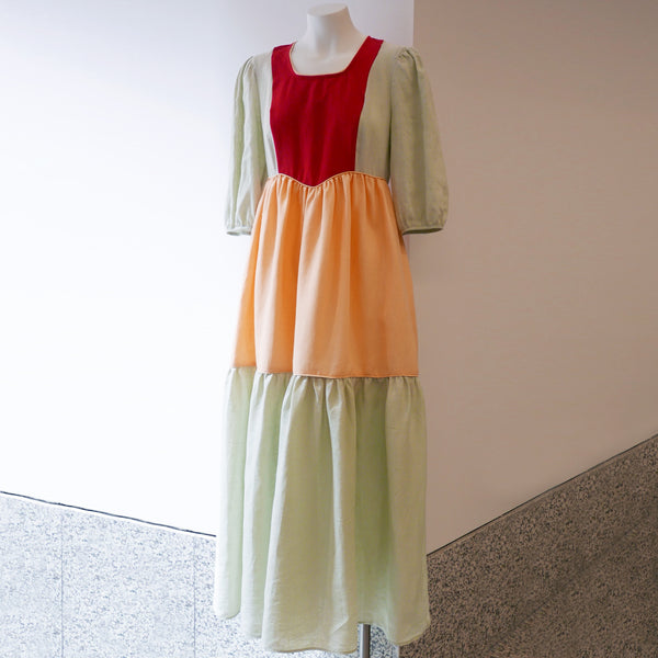 Empire Dress Mint, Peach & Red Linen
