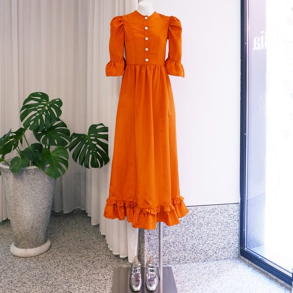 Button Up Long Prairie Dress in Orange Moiré