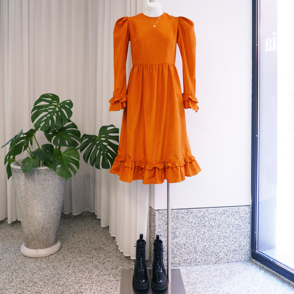 Collarless Prairie Midi Dress in Orange Moiré