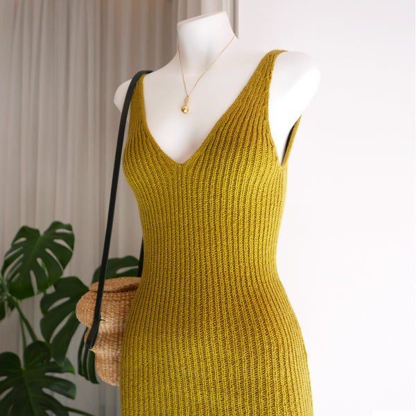 Teak Ribbed Cotton Dress in Chartreuse